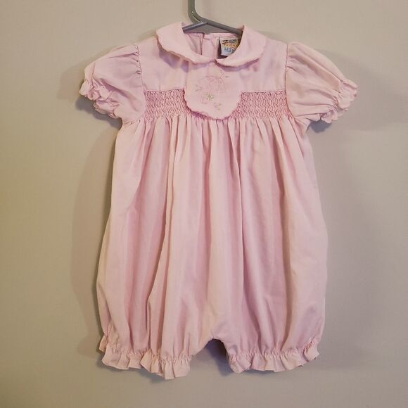 GLYNNE PERCY VINTAGE SMOCKED ROMPER PINK EMBROIDERY HOT AIR BALLOON 12 MONTHS - Picture 1 of 5